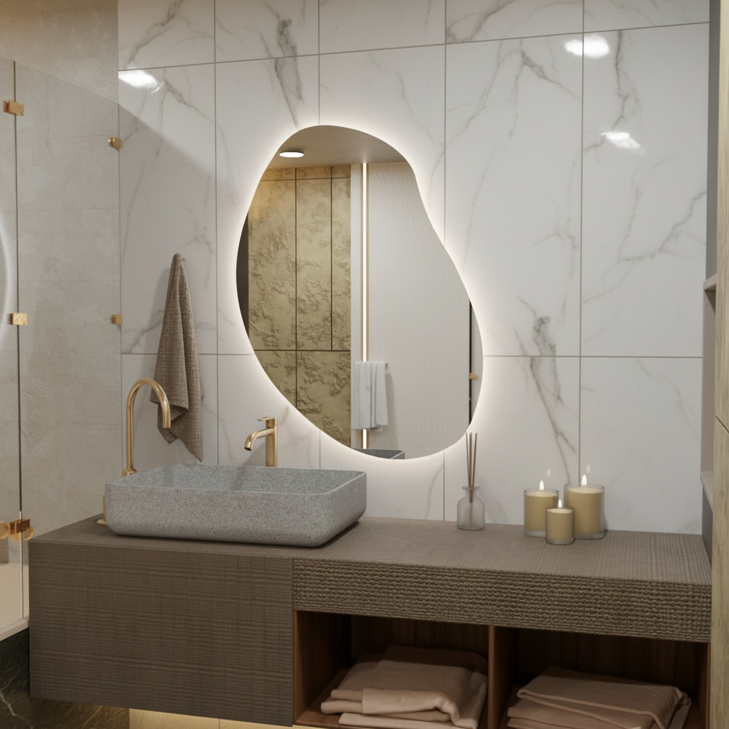 LED Işıklı Organik Banyo Aynası – Modern Asimetrik Tasarım, Arkadan Aydınlatmalı Dekoratif Ayna