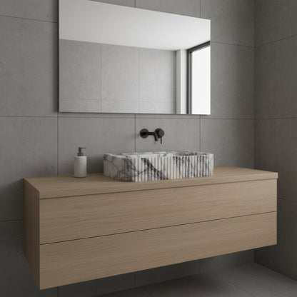 New York Mermer Duvara Monte Banyo Lavabosu – Dikdörtgen Fluted Tasarım | L61 × W36 × H15 cm