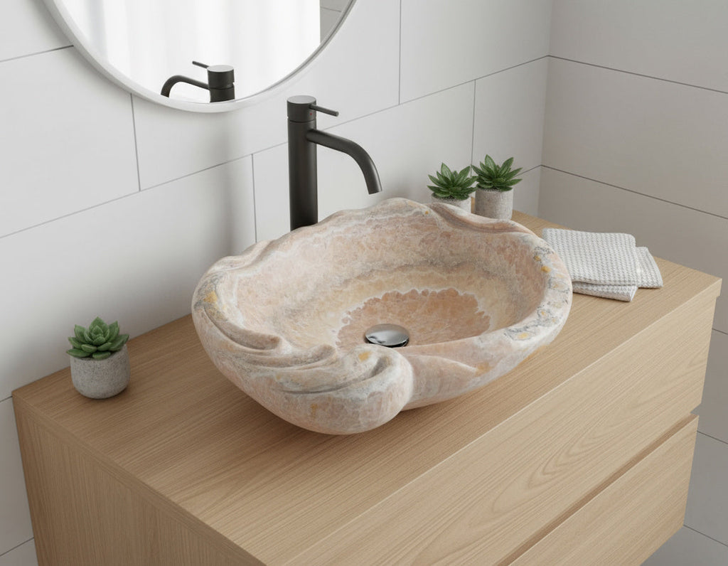Rose Onyx Marble Lavabo – Doğal Rose Onyx Mermer Tezgâh Üstü Banyo Lavabosu (L 55 × W 50 × H 15 cm)
