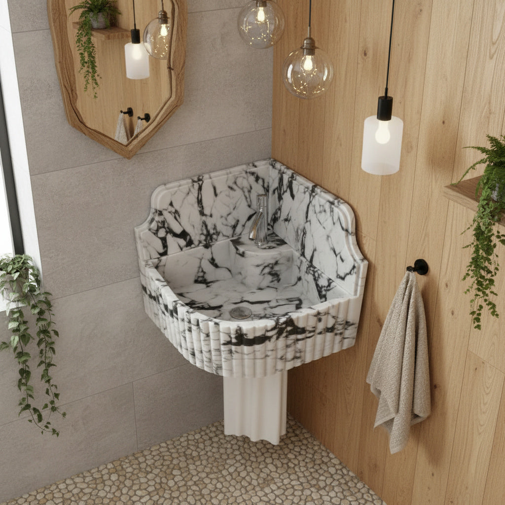 Calacatta Viola Mermer Duvar Tipi Köşe Lavabo – El Yapımı Lüks Köşe Mermeri Lavabo (41×41×20 cm)