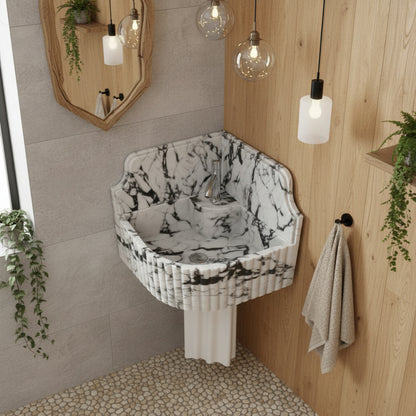 Calacatta Viola Mermer Duvar Tipi Köşe Lavabo – El Yapımı Lüks Köşe Mermeri Lavabo (41×41×20 cm)
