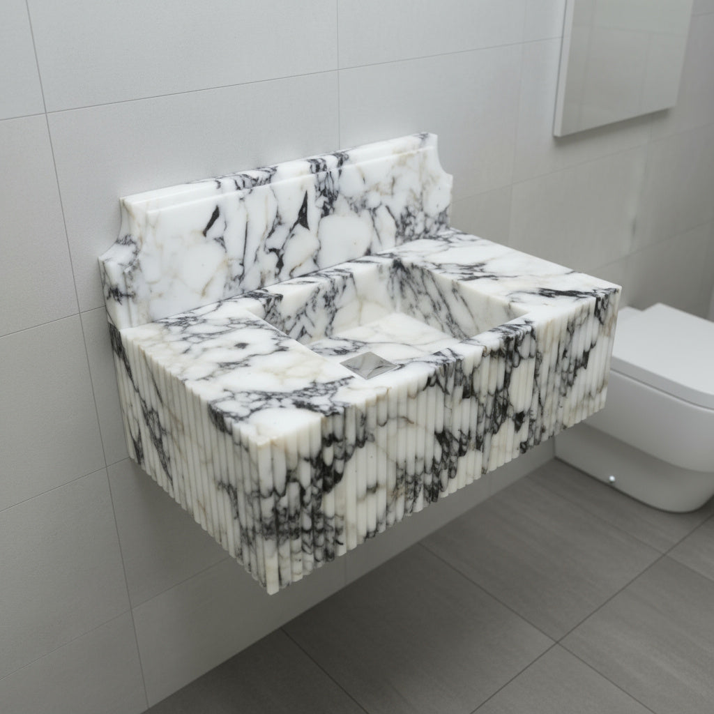 Calacatta Viola Mermer Çift Lavabolu Özel Tasarım Banyo Lavabosu – Fluted (Yivli) Blok Mermer Tezgâh Üstü Modeli – L90 × W50 × H30,5 cm