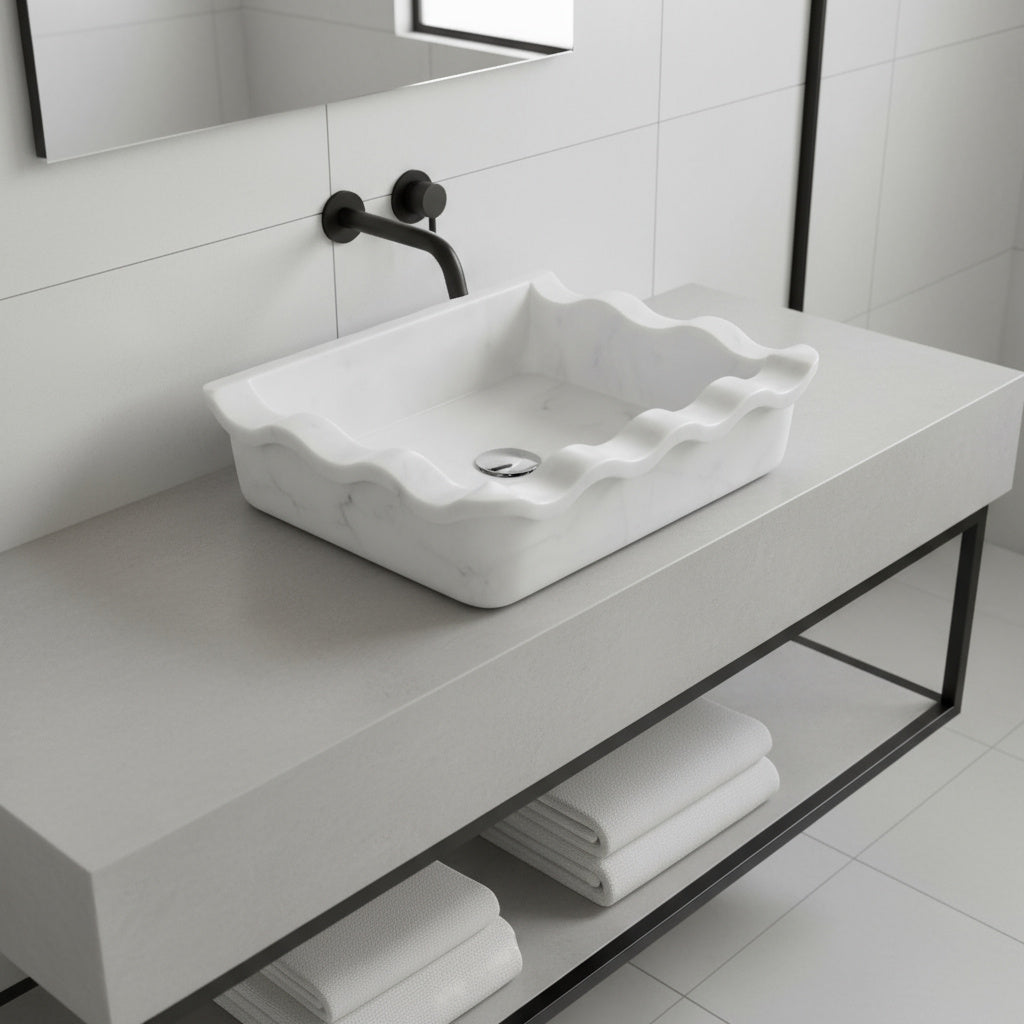 Carrara Beyaz Mermer Dikdörtgen Duvara Monte Lavabo – Özel Tasarım El Yapımı Mermer Banyo Lavabosu