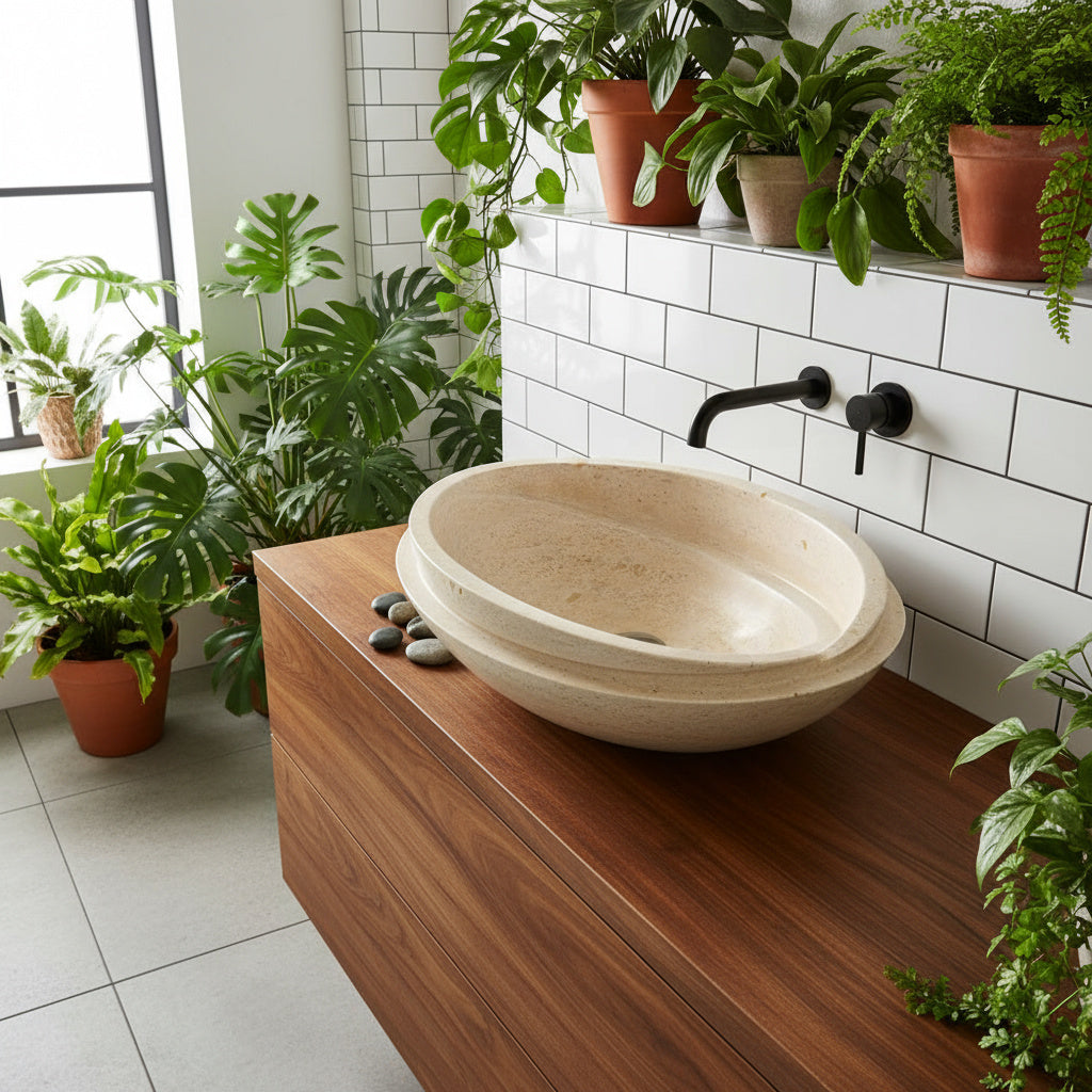 Beige Travertine Marble Lavabo – Doğal Bej Traverten Mermer Tezgâh Üstü Banyo Lavabosu (L 40 × W 40 × H 14 cm)