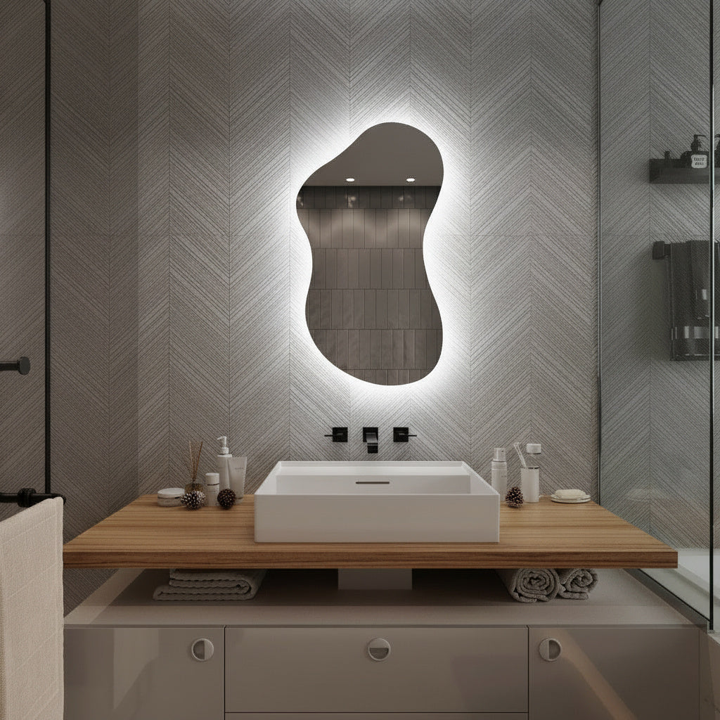 Asimetrik LED Ayna | Modern Dekoratif Duvar ve Banyo Aynası | Organik Form Işıklı Ayna Tasarımı
