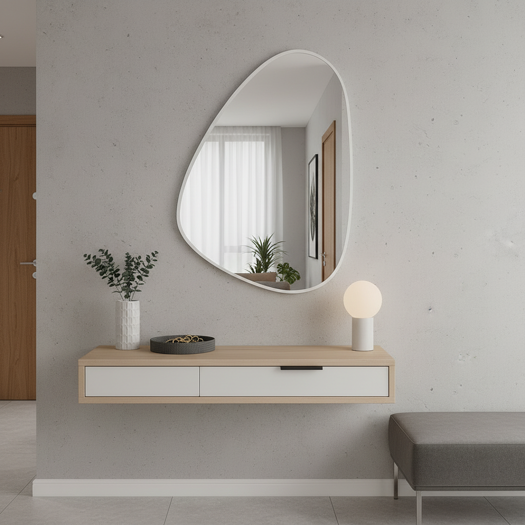 Modern Organik Şekilli Çerçeveli Düzensiz Banyo Aynası – Dekoratif Asimetrik Duvar Aynası