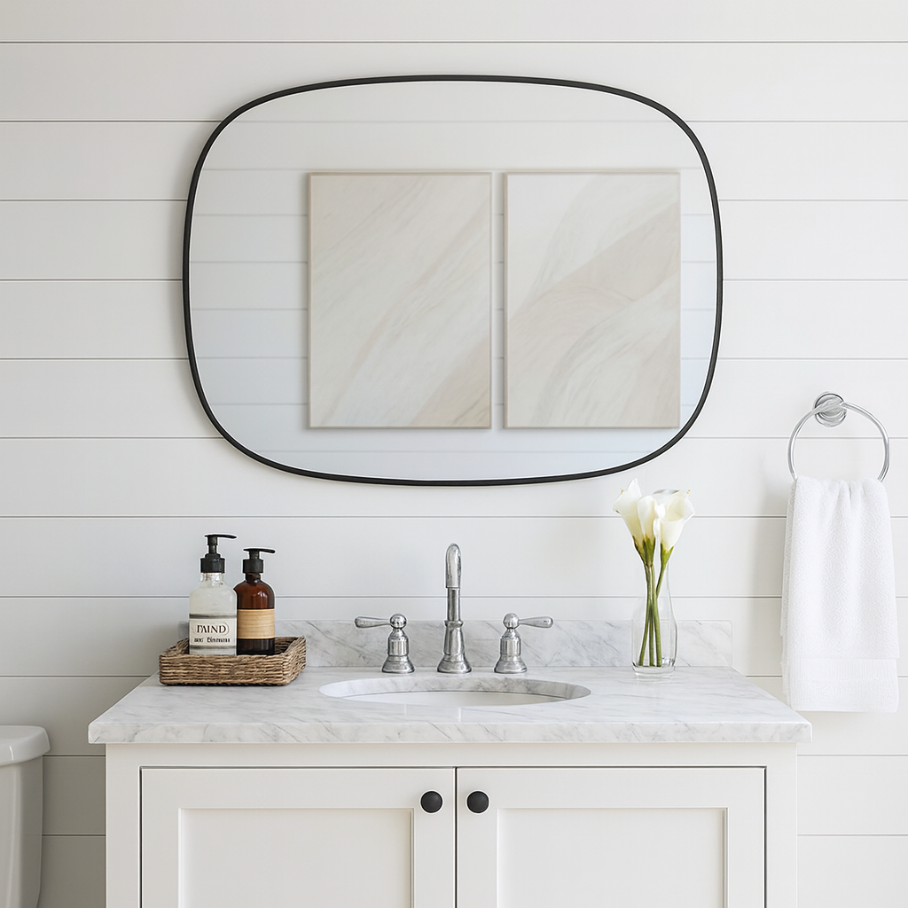 Modern Minimalist Kare Oval Duvar Aynası – Siyah Çerçeveli Banyo ve Salon Dekor Aynası