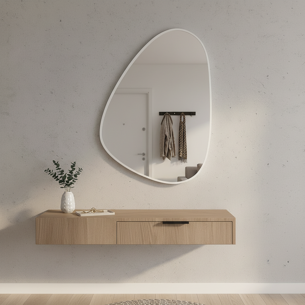 Modern Organik Şekilli Çerçeveli Düzensiz Banyo Aynası – Dekoratif Asimetrik Duvar Aynası