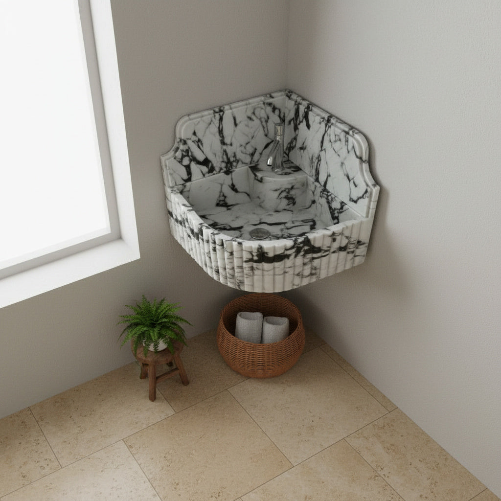 Calacatta Viola Mermer Duvar Tipi Köşe Lavabo – El Yapımı Lüks Köşe Mermeri Lavabo (41×41×20 cm)