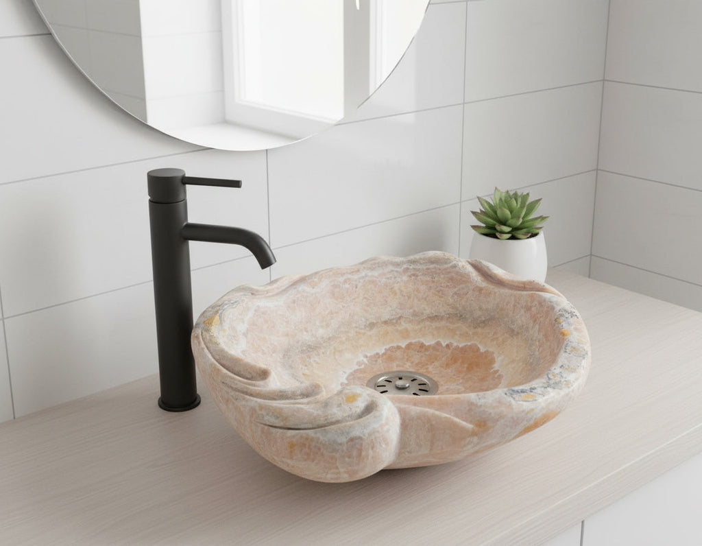 Rose Onyx Marble Lavabo – Doğal Rose Onyx Mermer Tezgâh Üstü Banyo Lavabosu (L 55 × W 50 × H 15 cm)