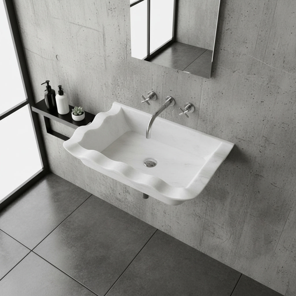 Carrara Beyaz Mermer Dikdörtgen Duvara Monte Lavabo – Özel Tasarım El Yapımı Mermer Banyo Lavabosu