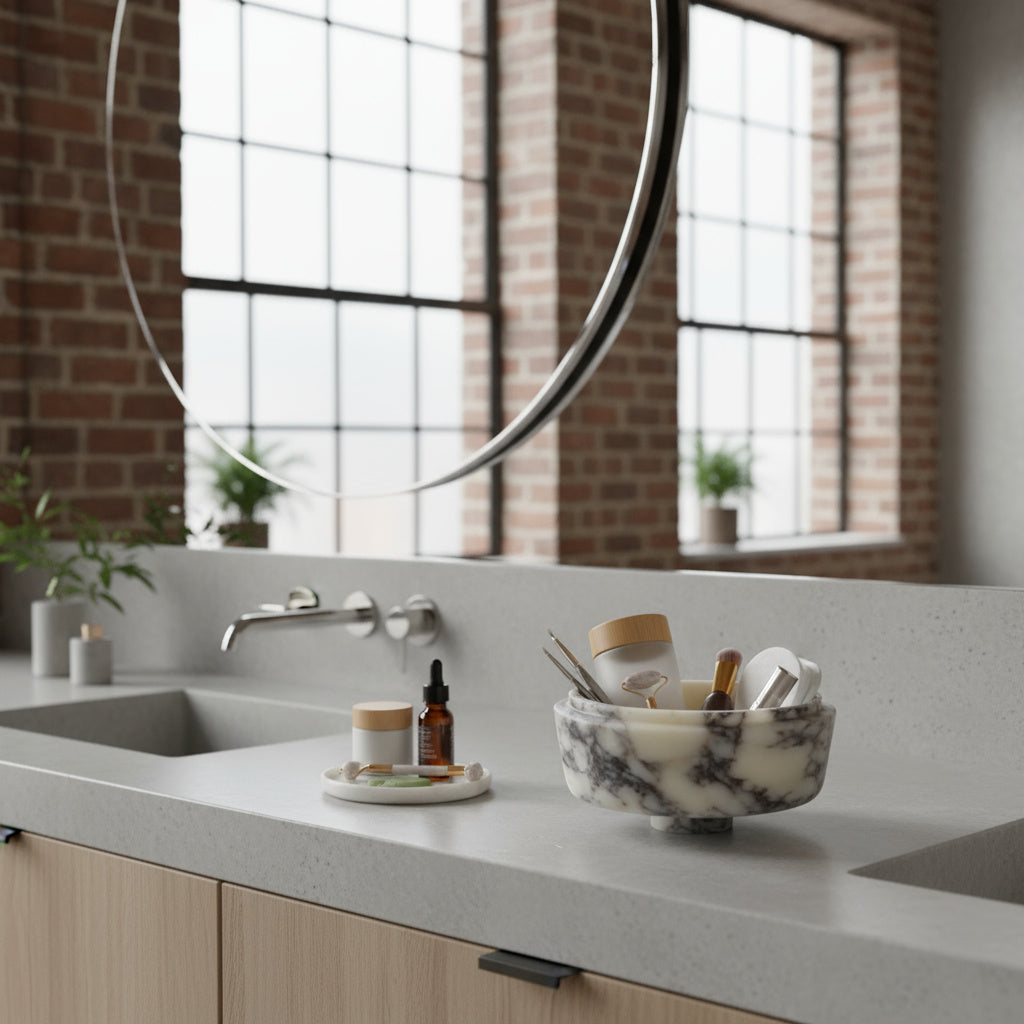 Premium Mermer Meyve Kasesi – Dekoratif Taş Sunum Standı