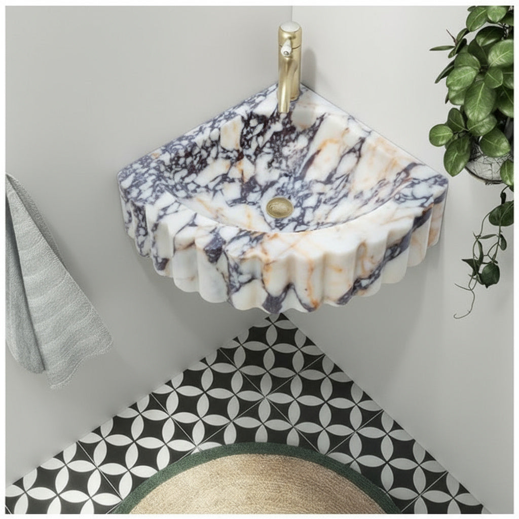 Calacatta Viola Mermer Duvar Tipi Köşe Lavabo – El Yapımı Lüks Banyo Lavabosu (51×51×18 cm)