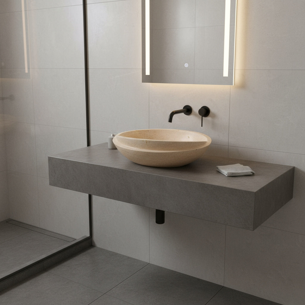 Beige Travertine Marble Lavabo – Doğal Bej Traverten Mermer Tezgâh Üstü Banyo Lavabosu (L 40 × W 40 × H 14 cm)