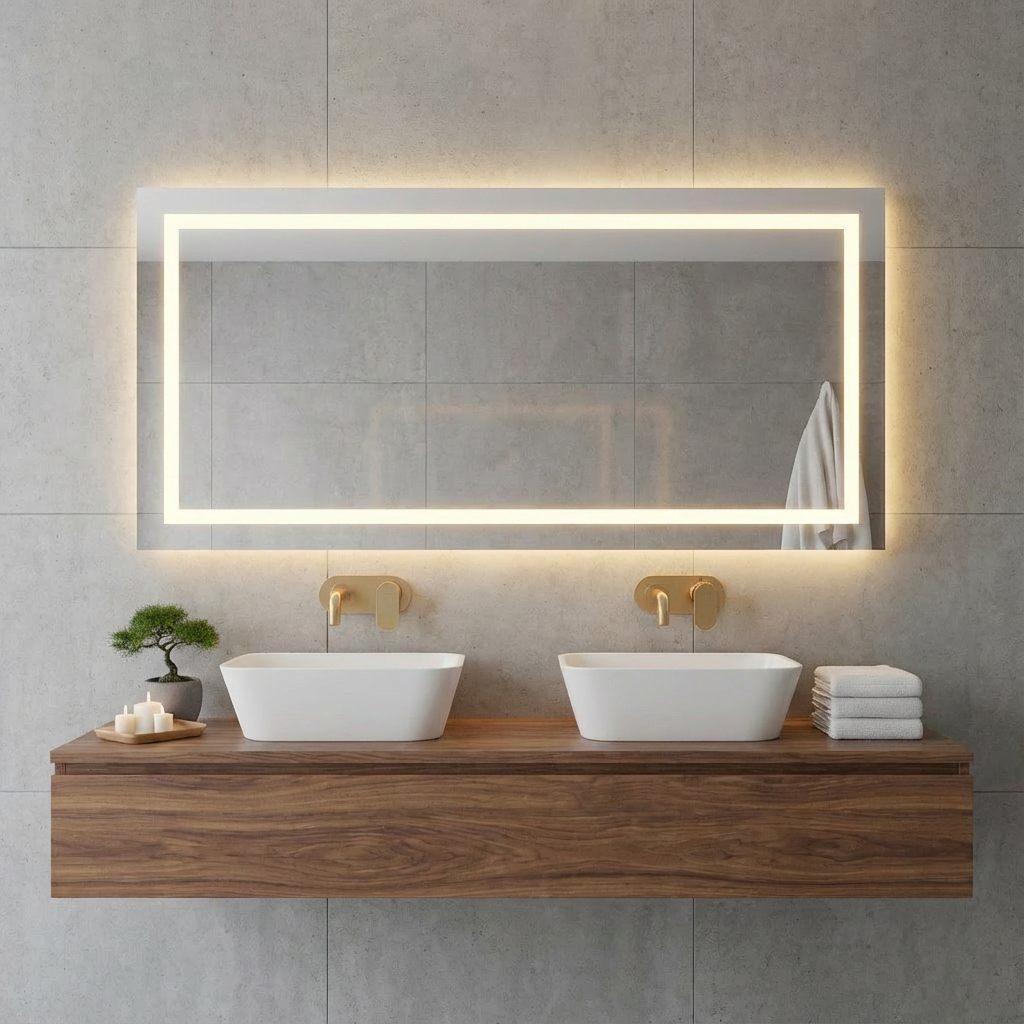Büyük LED Işıklı Dikdörtgen Banyo Aynası – Modern Çerçevesiz Tasarım, Touch ve Duvar Anahtarlı