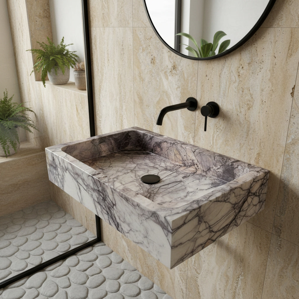 Lilac Mermer Dikdörtgen Lavabo – El Yapımı Doğal Taş Banyo Lavabosu (60×40×12 cm)