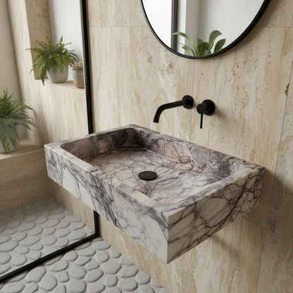 Lilac Mermer Dikdörtgen Lavabo – El Yapımı Doğal Taş Banyo Lavabosu (60×40×12 cm)