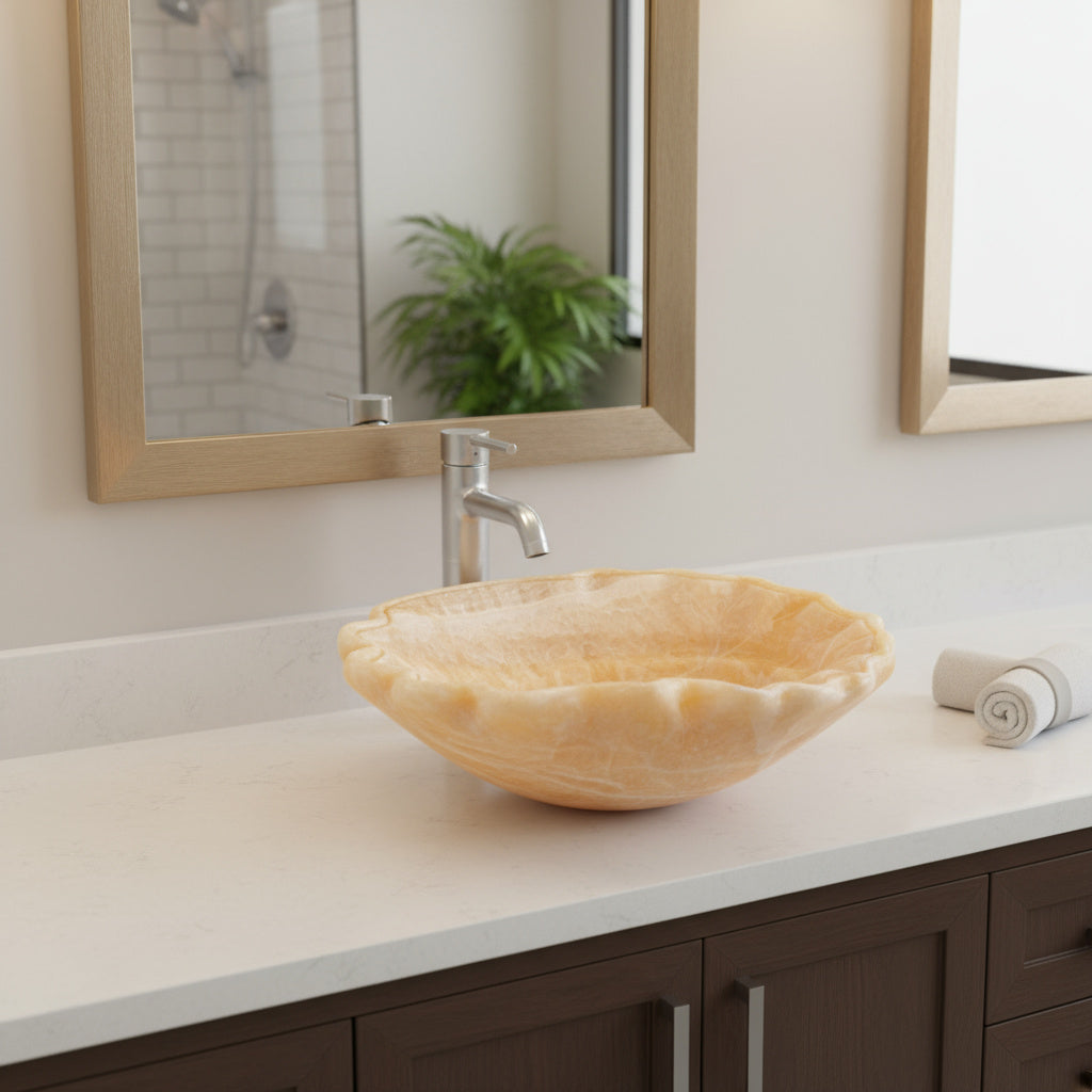 Lüks Mermer Tezgâh Üstü Lavabo – El Oyma Doğal Taş Banyo Lavabosu, Amber Oniks Küvet Lavabo