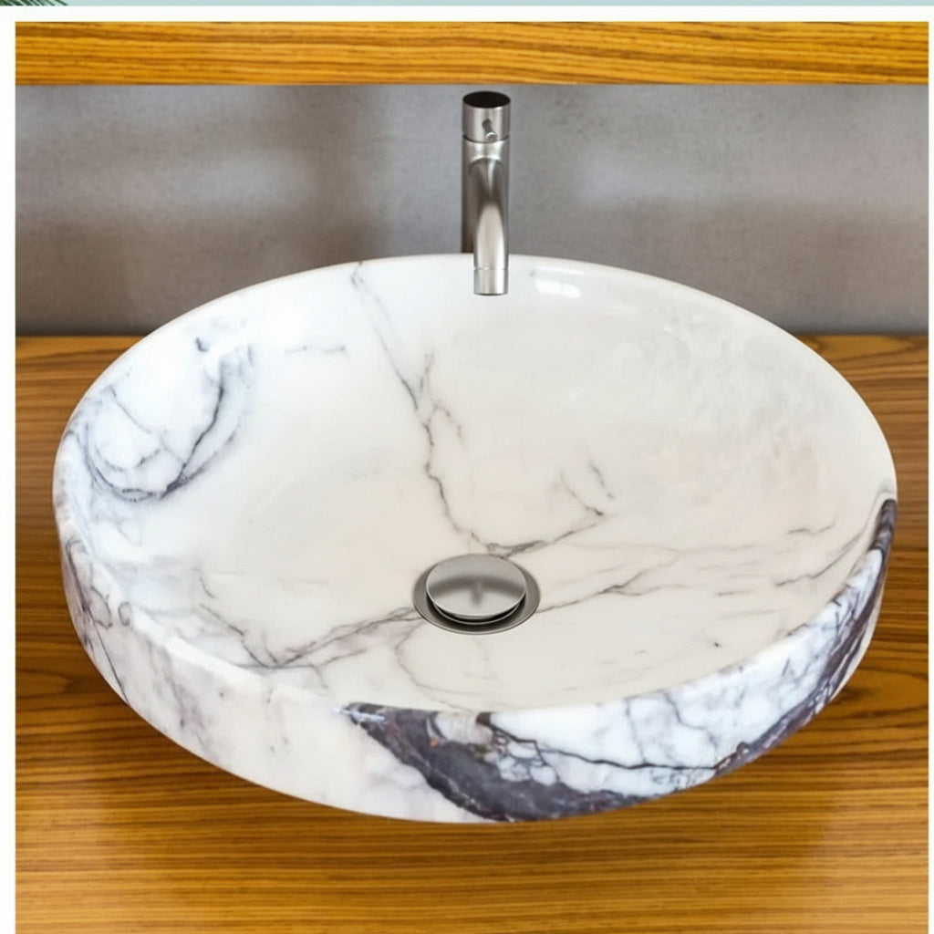 New York Mermeri Yuvarlak Doğal Taş Lavabo – 39×39×11 cm