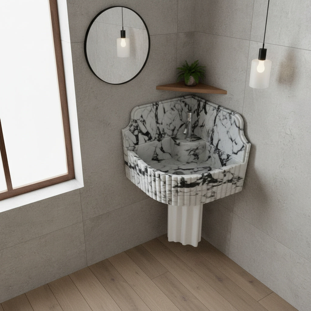 Calacatta Viola Mermer Duvar Tipi Köşe Lavabo – El Yapımı Lüks Köşe Mermeri Lavabo (41×41×20 cm)