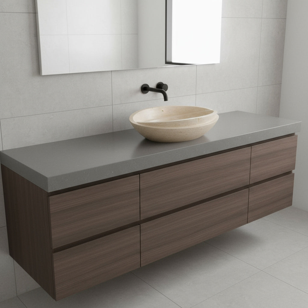 Beige Travertine Marble Lavabo – Doğal Bej Traverten Mermer Tezgâh Üstü Banyo Lavabosu (L 40 × W 40 × H 14 cm)
