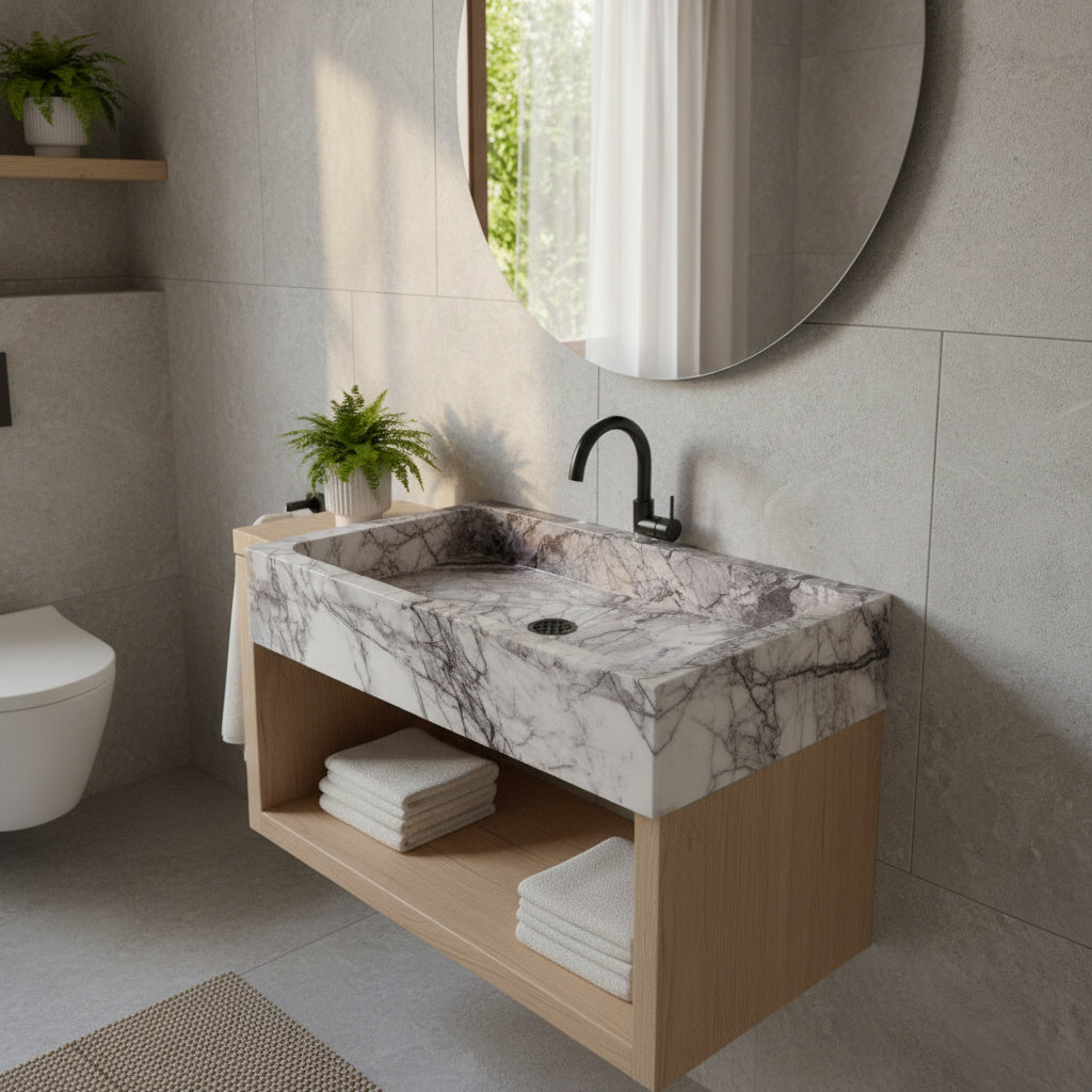 Lilac Mermer Dikdörtgen Lavabo – El Yapımı Doğal Taş Banyo Lavabosu (60×40×12 cm)