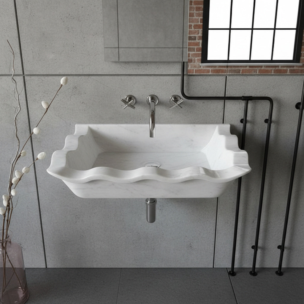Carrara Beyaz Mermer Dikdörtgen Duvara Monte Lavabo – Özel Tasarım El Yapımı Mermer Banyo Lavabosu