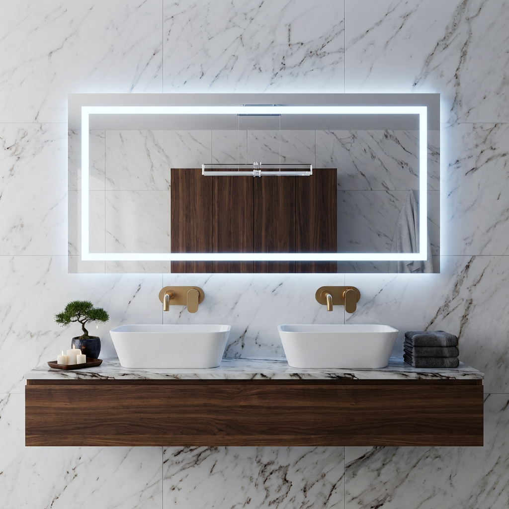 Büyük LED Işıklı Dikdörtgen Banyo Aynası – Modern Çerçevesiz Tasarım, Touch ve Duvar Anahtarlı