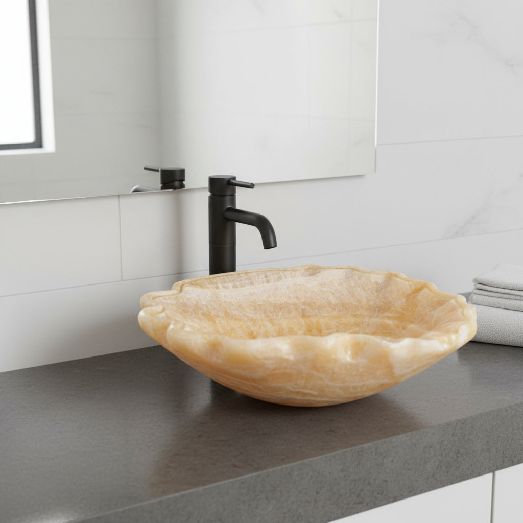 Lüks Mermer Tezgâh Üstü Lavabo – El Oyma Doğal Taş Banyo Lavabosu, Amber Oniks Küvet Lavabo