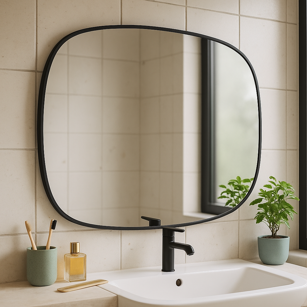 Modern Minimalist Kare Oval Duvar Aynası – Siyah Çerçeveli Banyo ve Salon Dekor Aynası