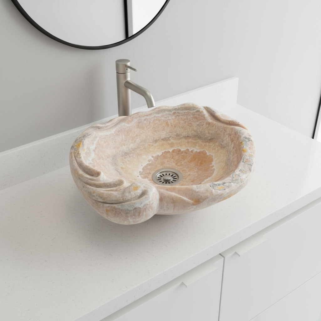 Rose Onyx Marble Lavabo – Doğal Rose Onyx Mermer Tezgâh Üstü Banyo Lavabosu (L 55 × W 50 × H 15 cm)