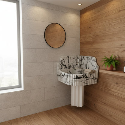 Calacatta Viola Mermer Duvar Tipi Köşe Lavabo – El Yapımı Lüks Köşe Mermeri Lavabo (41×41×20 cm)