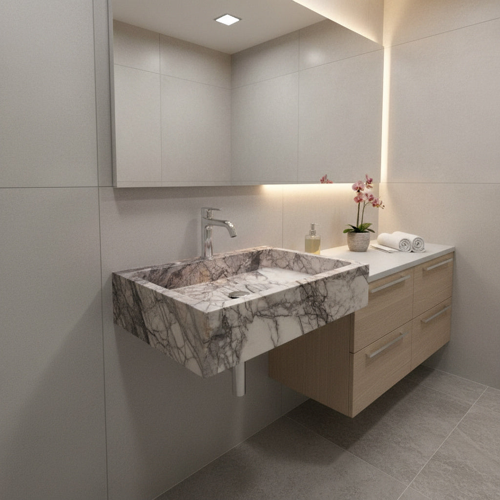 Lilac Mermer Dikdörtgen Lavabo – El Yapımı Doğal Taş Banyo Lavabosu (60×40×12 cm)