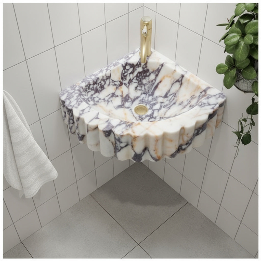 Calacatta Viola Mermer Duvar Tipi Köşe Lavabo – El Yapımı Lüks Banyo Lavabosu (51×51×18 cm)
