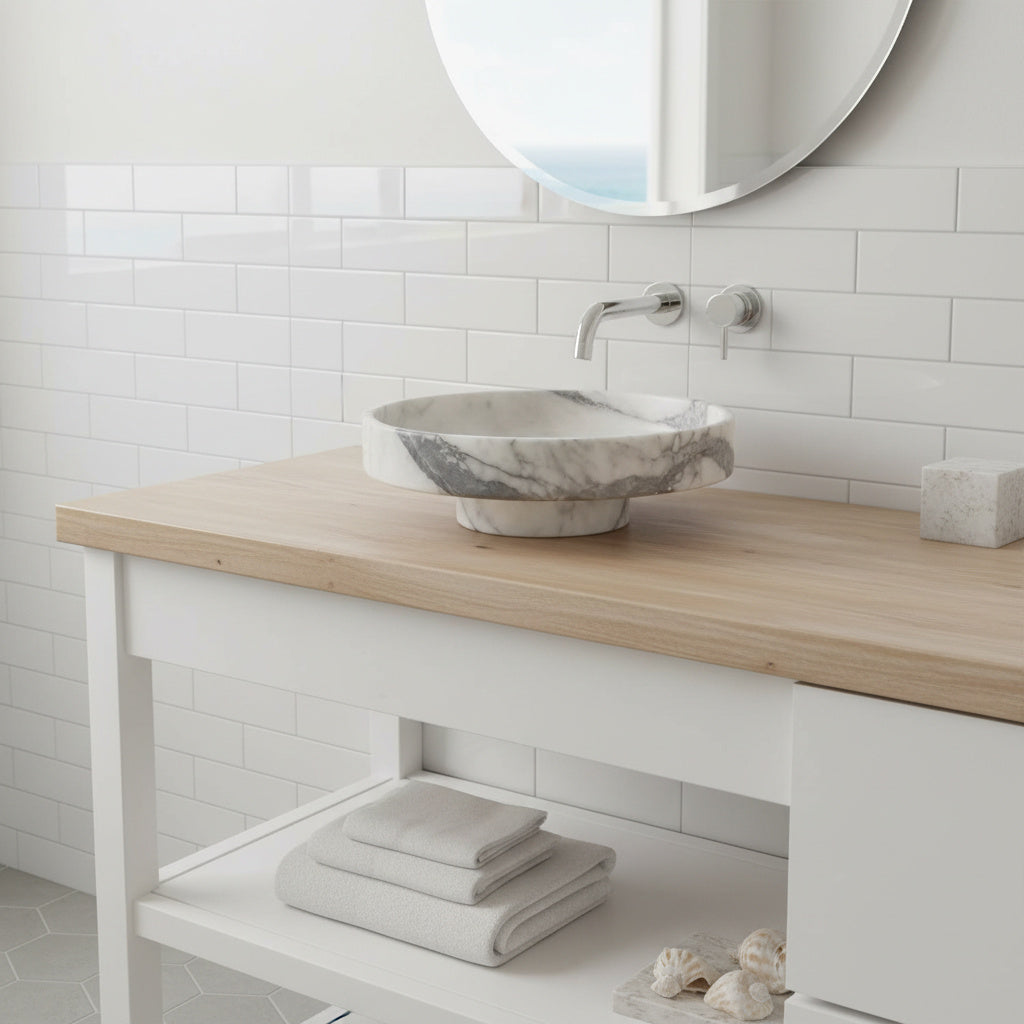 New York Mermeri Yuvarlak Doğal Taş Lavabo – 39×39×11 cm