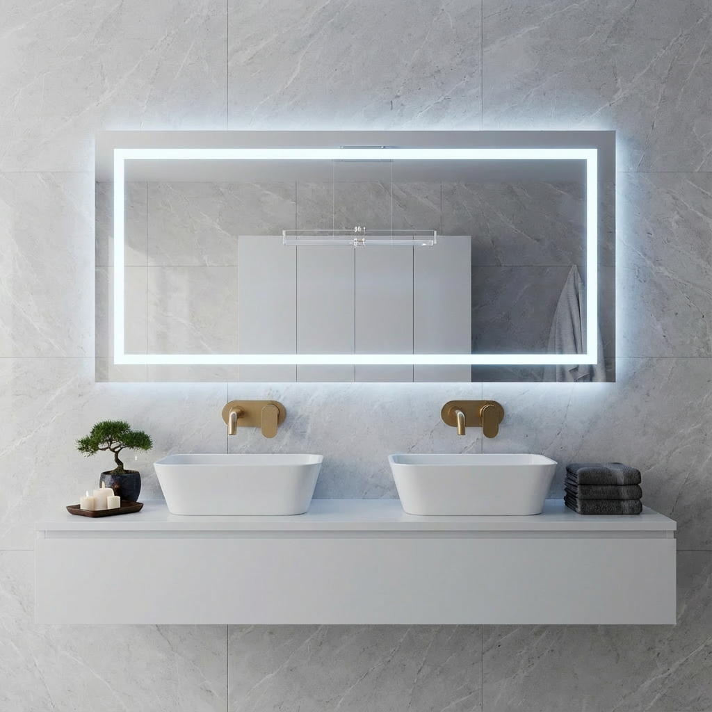 Büyük LED Işıklı Dikdörtgen Banyo Aynası – Modern Çerçevesiz Tasarım, Touch ve Duvar Anahtarlı