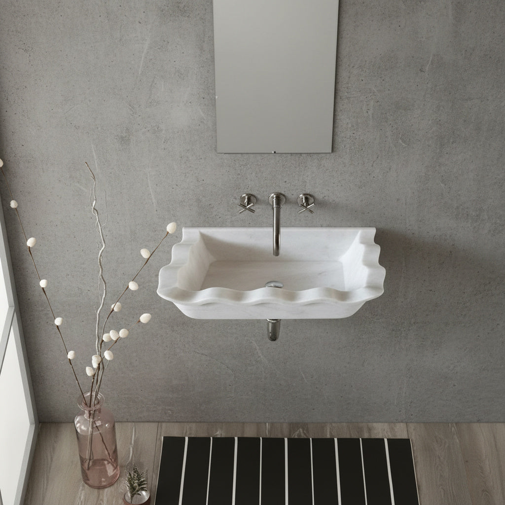 Carrara Beyaz Mermer Dikdörtgen Duvara Monte Lavabo – Özel Tasarım El Yapımı Mermer Banyo Lavabosu