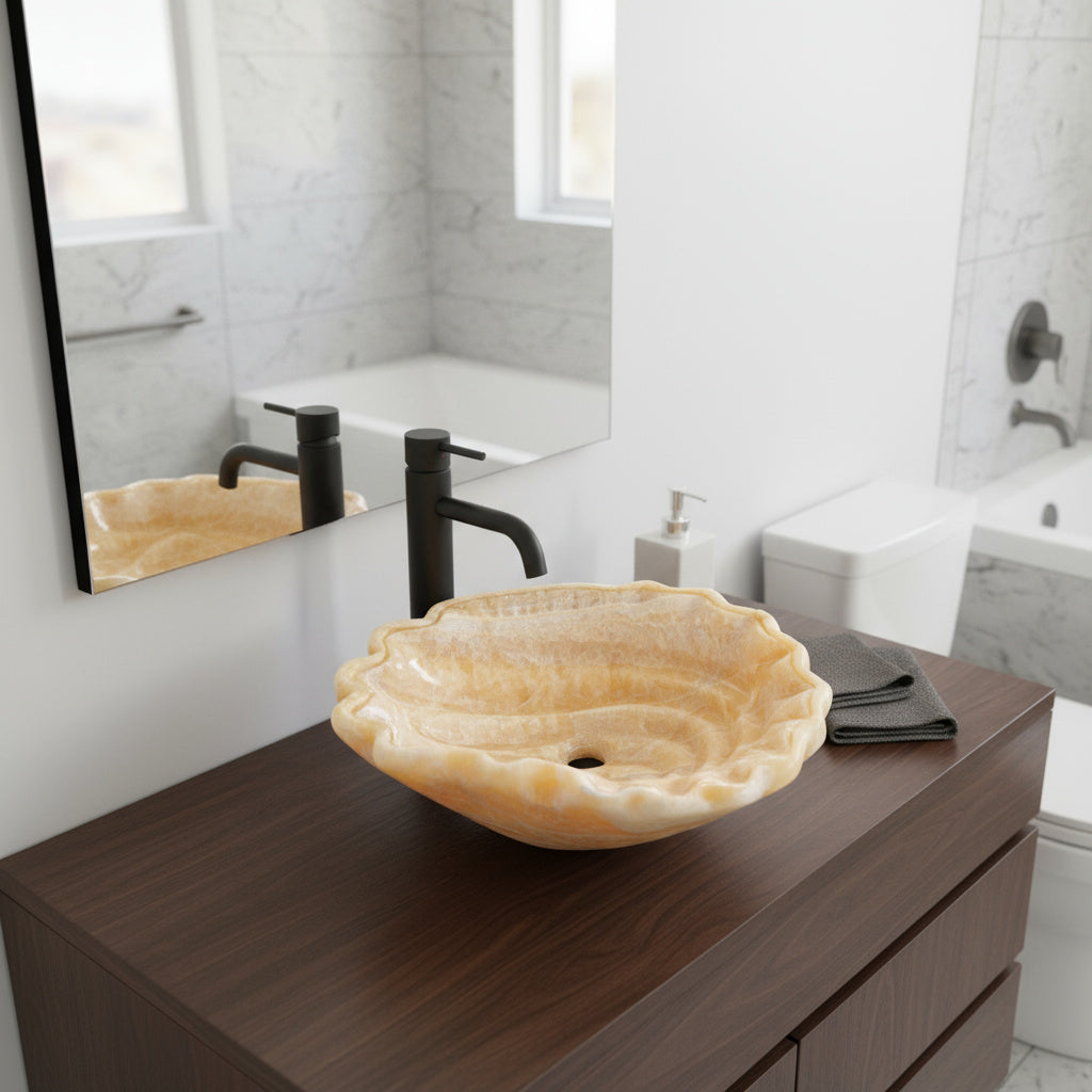 Lüks Mermer Tezgâh Üstü Lavabo – El Oyma Doğal Taş Banyo Lavabosu, Amber Oniks Küvet Lavabo