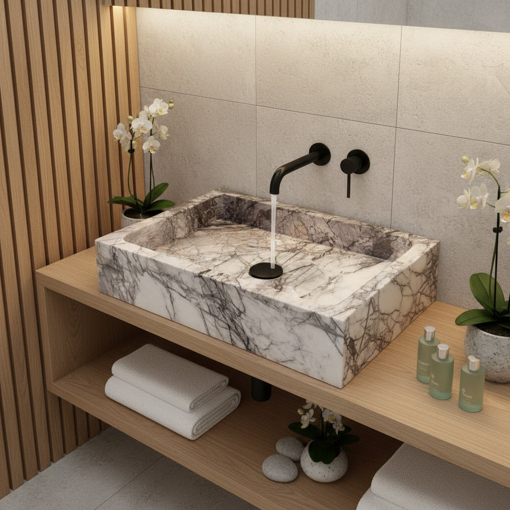 Lilac Mermer Dikdörtgen Lavabo – El Yapımı Doğal Taş Banyo Lavabosu (60×40×12 cm)