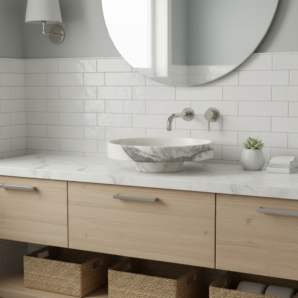 New York Mermeri Yuvarlak Doğal Taş Lavabo – 39×39×11 cm