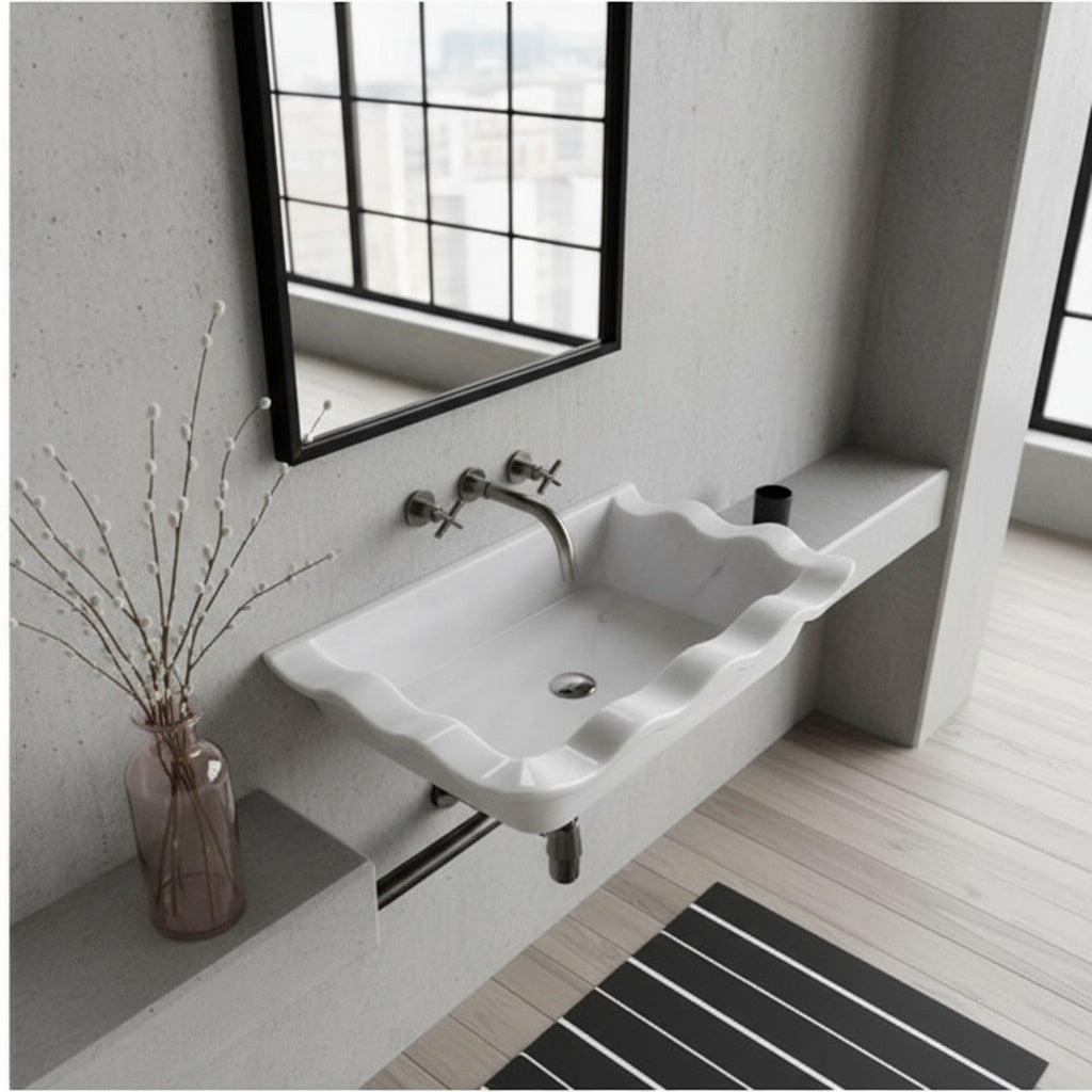 Carrara Beyaz Mermer Dikdörtgen Duvara Monte Lavabo – Özel Tasarım El Yapımı Mermer Banyo Lavabosu