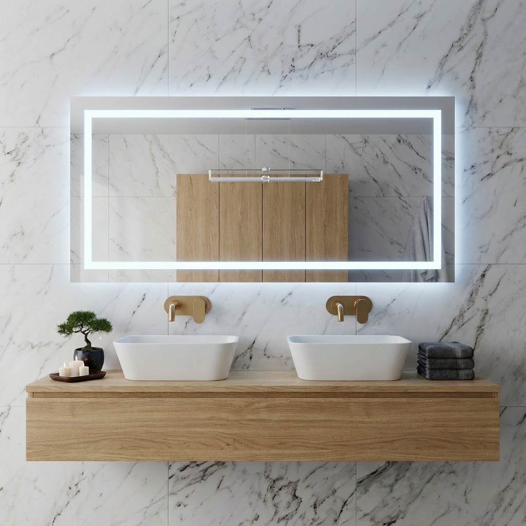 Büyük LED Işıklı Dikdörtgen Banyo Aynası – Modern Çerçevesiz Tasarım, Touch ve Duvar Anahtarlı
