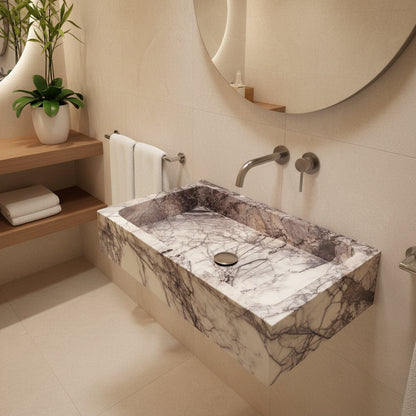 Lilac Mermer Dikdörtgen Lavabo – El Yapımı Doğal Taş Banyo Lavabosu (60×40×12 cm)