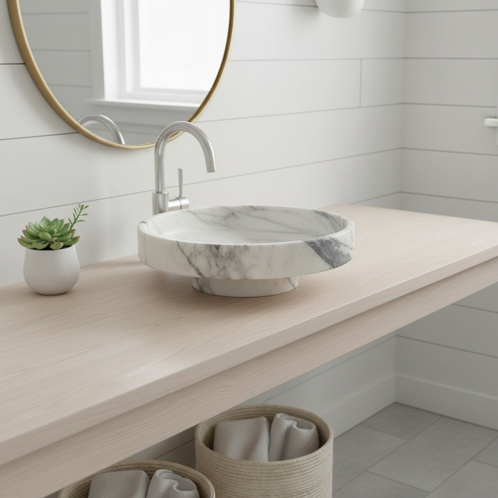 New York Mermeri Yuvarlak Doğal Taş Lavabo – 39×39×11 cm