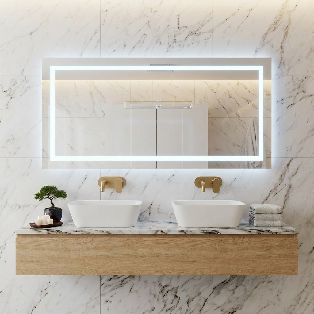 Büyük LED Işıklı Dikdörtgen Banyo Aynası – Modern Çerçevesiz Tasarım, Touch ve Duvar Anahtarlı