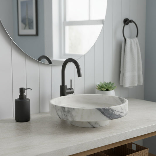 New York Mermeri Yuvarlak Doğal Taş Lavabo – 39×39×11 cm