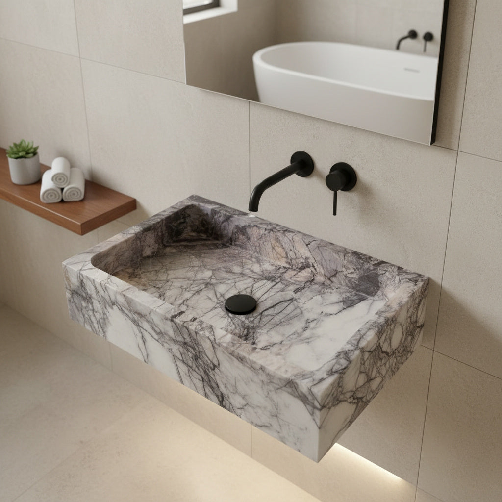 Lilac Mermer Dikdörtgen Lavabo – El Yapımı Doğal Taş Banyo Lavabosu (60×40×12 cm)