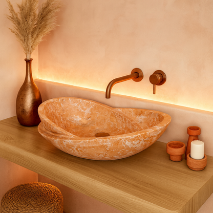 Rosso Verona Turuncu Mermer Lavabo – El Yapımı Doğal Taş Tezgâh Üstü Lavabo, Oval Lüks Mermer Banyo Lavabosu (40×55×14 cm)