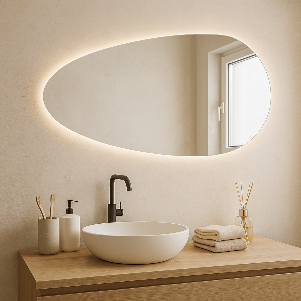Organik Şekilli LED Banyo Aynası – Modern Arkadan Aydınlatmalı Işıklı Ayna, Minimalist Tasarım