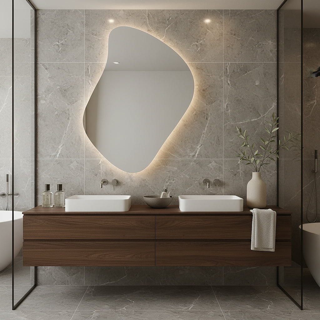 Modern Asimetrik LED Ayna – Organik Şekilli Dekoratif Duvar Ayna Modeli | Banyo, Yatak Odası, Antre İçin Tasarım Ayna